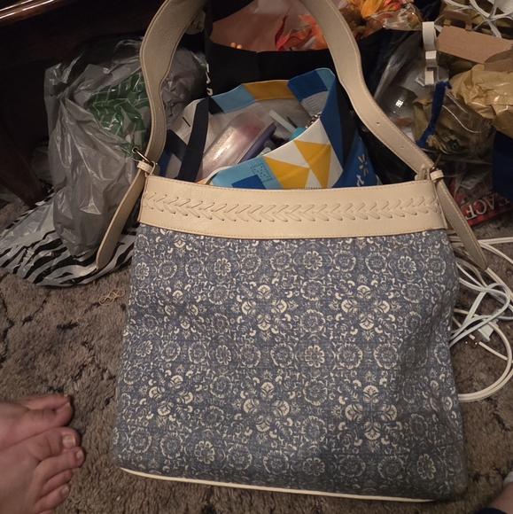 Handbags - Elegant Blue and Cream Floral Women's Bag